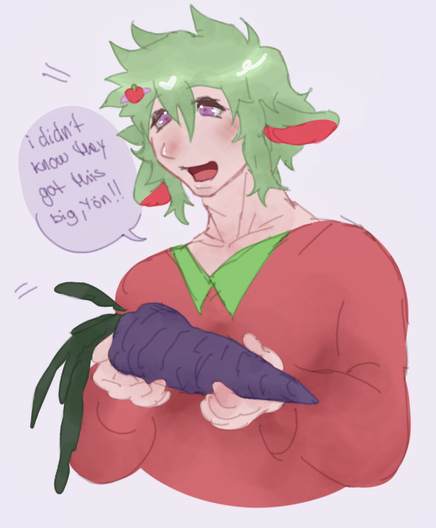 A drawing of a humanoid-goat character (a faunus) holding a very large purple carrot. He is saying "I didn't know they got this big, Yön!"
