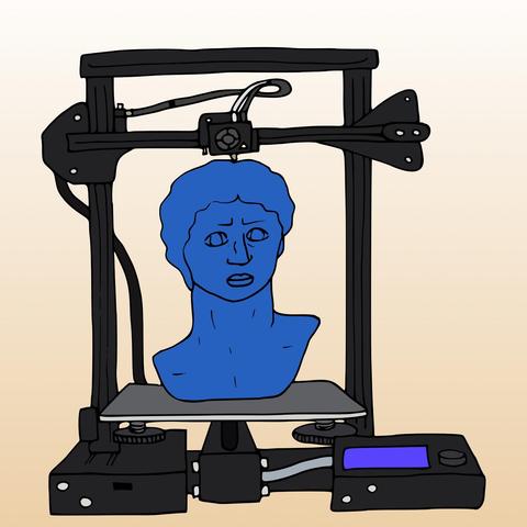 An illustration of a 3D printer having just finished printing a purple version of the bust of Michaelangelo’s David sculpture in a bioplastic. (Artwork by Jenny Mathiasson 2025)