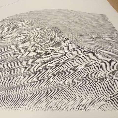 Abstract ink drawing, a work in progress, some kind of form about to emerge from a surface of wavy lines