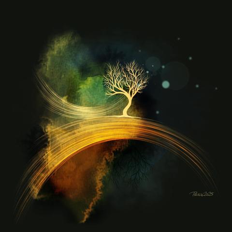 watercolour; an arc of streaks in light spans across patches of continental shapes, a bare pale tree grows at its top, different colours tint partial areas in wArm shades of blue, green, orange and red, a group of light dots of varying sizes sits in the top right corner.