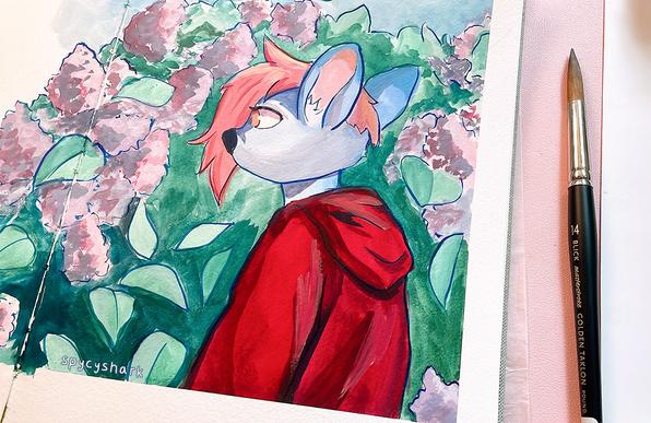 A photo of a sketchbook page. A painting of a blue deer wearing a hoodie, looking at lilacs.