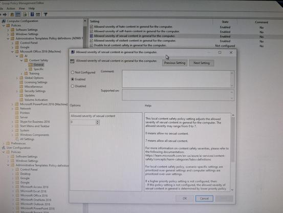 A failure to screenshot (hence a photograph of a screen) of the latest Group Policy ADMX for Office 365 with insane settings already discussed in the main post.