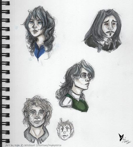 A set of 4 characters sketched traditionally- an unenthused woman with long dark hair and cold eyes, an anxious person with a goatee and mustache, a tired looking man with long dark hair and an exhausted expression, and a scruffy looking middle aged man with a smile on his face. There's also a scribbly little cartoony doodle of a child next to him with his tongue sticking out