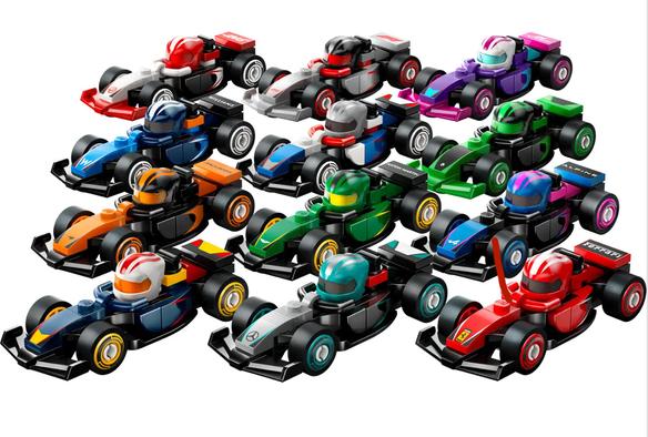 Display of Lego F1 minifigure style cars