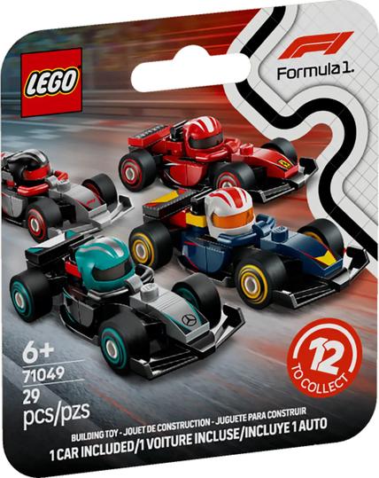The reverse of a box of a Lego F1 minifigure-style car