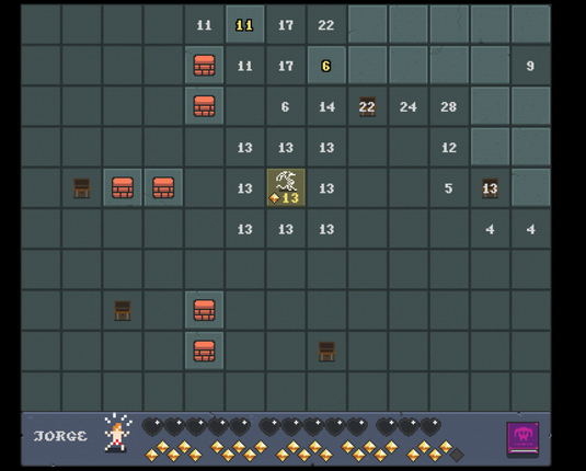 Screenshot from the indie game Dragonsweeper, a Minesweeper clone with a dungeon crawler theme and tactics. The screen shows the game board nearly wiped out and the final boss dragon in the middle square has been defeated.