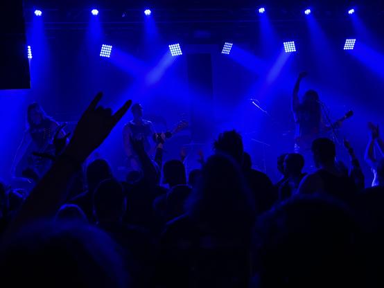 This might’ve been the darkest set – literally – of the festival. The band are black silhouettes against a deep purple background. A forest of hands making the “horns” sign in the foreground.