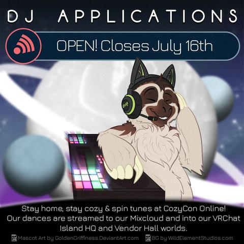 square image that shows planets and space in the background, and a sloth DJing in the foreground. Reads "DJ Applications open! Closes july 16th" with background art by WildElementStudios.com and character art by GoldenGriffiness.Deviantart.com