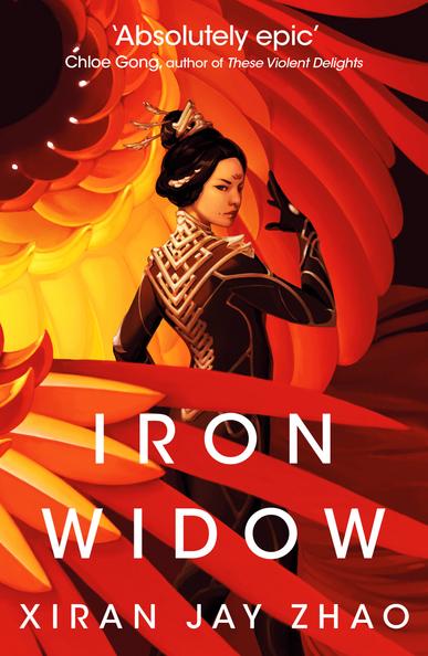 Book cover for Iron Widow (Iron Widow #1) by Xiran Jay Zhao 

Features an illustration of a young Chinese woman wearing a black suit with gold decorations to control a mech with magic. Her hair is up. She's surrounded by the mech's red and yellow "feathers."