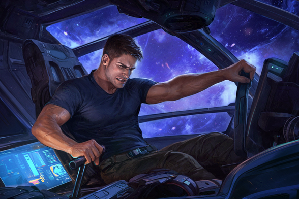Image by Mariam Kalandarishvili.

Namor Skenn is a lean and trim individual who cultivates an anonymous appearance. Usually this would mean dressing as unremarkably as possible, but as he is in the confines of the cockpit of his own personal spaceship, which he nicknames the Subspace Phoenix, he is dressed in a simple t-short and combat trousers.

He is wrestling with the control yoke of the Subspace Phoenix as he is being currently pursued by numerous Sapient Acquisition Specialists. Namor is stressed as although the Phoenix is surprisingly nimble, it cannot deal with the volume of enemies in pursuit.