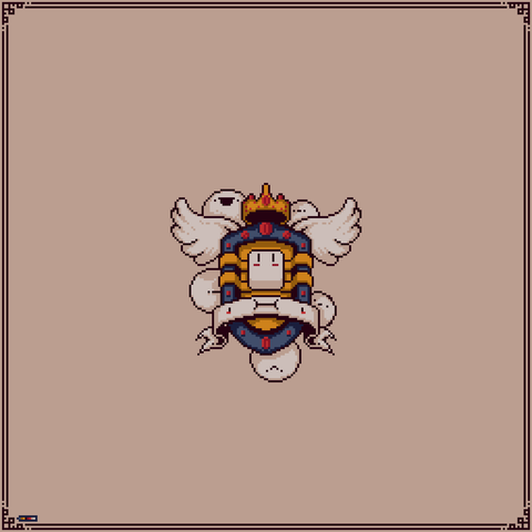 The shield at the base of the coat of arms has two golden bands in the middle and is encrusted with jewels there is a white banner at the bottom, an Aseprite logo at the center, over a golden plate and a golden jewel encrusted crown at the top of the shield. Behind the shield a couple of white wings and a bunch of white blobs.