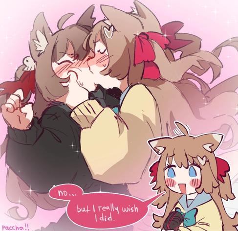2girls, ahoge, ahoge wag, animal ear fluff, animal ears, black cardigan, bloom, blush, blush stickers, bow, bowtie, brown hair, cardigan, cat ears, english text, expressive hair, frown, green bow, green bowtie, hair bow, hair ornament, hands on another's cheeks, hands on another's face, hands up, heart, heart hair ornament, imagining, incest, kiss, long hair, multiple girls, nose blush, pink background, red bow, sailor collar, school uniform, serafuku, siblings, signature, sisters, skull hair ornament, sparkle, speech bubble, surprise kiss, surprised, sweatdrop, twincest, twins, two side up, v-shaped eyebrows, virtual youtuber, yellow cardigan, yuri
