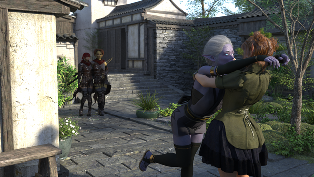 A Drow girl hugging an Elf girl.