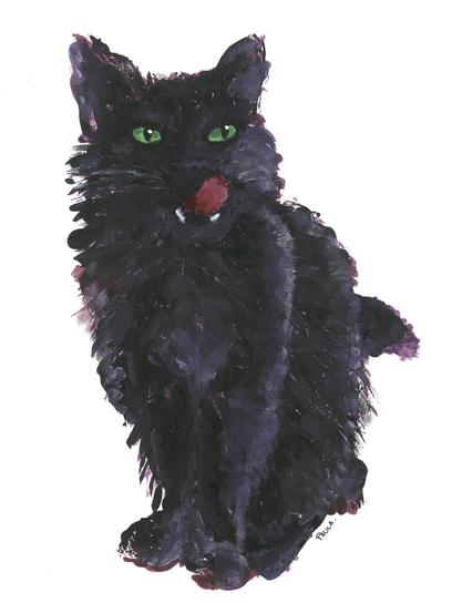 Ilustración de un gato negro realizado con óleo y gouache. El fondo es blanco y se aprecia un gato sentado con ojos verdes y la lengua fuera. Los colores usados no son negro sino tonos violáceos oscuros, que se aclaran en algunos contornos para marcar luminosidad y el volumen de las formas. Está hecho con manchas y pinceladas sueltas.