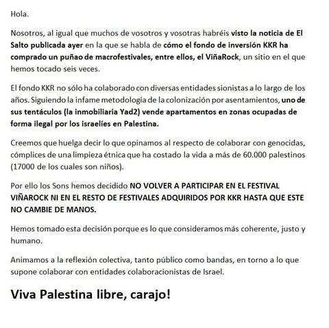 Comunicado del grupo de metal Sons of Aguirre y Scila en el que anuncian que ante las noticias de que el festival Viña Rock (entre otros) ha sido adquirido por un fondo de inversión sionista no volverán a participar en él.