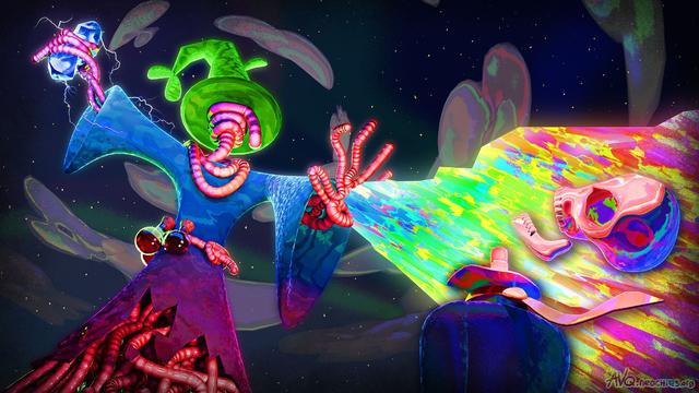 A wizard made of worms holding a crystal and shooting a high saturation rainbow beam out of their worm hand at a skeleton in a suit
