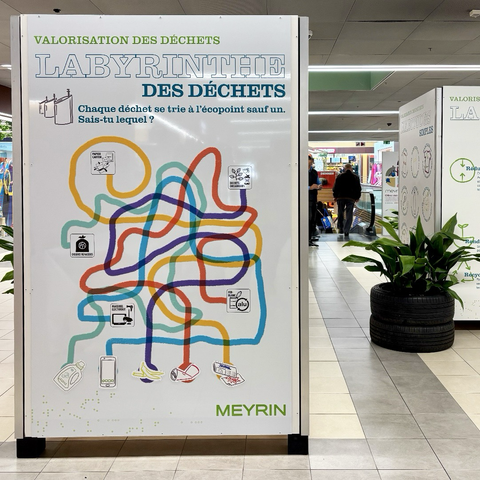 Panneau d’exposition sur le tri des déchets. Dessus figure un labyrinthe des déchets. Il faut trouver la bonne catégorie pour chaque déchet.