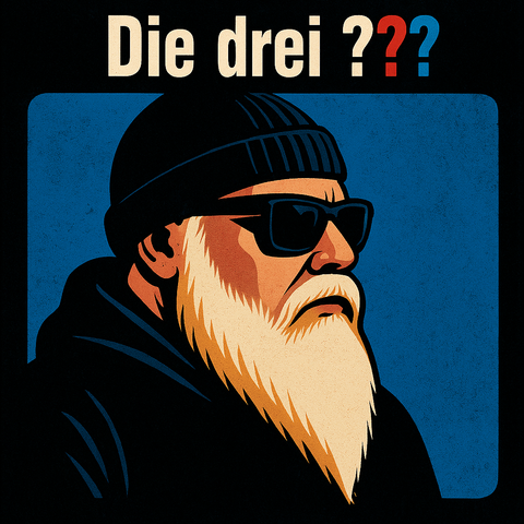 Das Bild zeigt eine stilisierte Illustration im Retro-Comic-Stil, angelehnt an das bekannte Design der Hörspielreihe „Die drei ???“. Im oberen Bereich steht in großer Schrift: „Die drei ???“, wobei das erste Fragezeichen schwarz, das zweite rot und das dritte blau ist – genau wie im Original-Logo der Serie.

Darunter ist eine Person im Profil dargestellt, die nach rechts blickt. Sie trägt eine schwarze Mütze, eine dunkle Sonnenbrille und hat einen sehr langen, weißen oder hellblonden Vollbart. Die Person wirkt ernst und geheimnisvoll. Der Hintergrund des Bildes ist in einem satten Blau gehalten, der Rahmen und die Kleidung der Person in Schwarz, wodurch ein starker Kontrast entsteht. Die gesamte Komposition erinnert an ein Hörspiel-Cover und spielt mit dem typischen Look der „Die drei ???“-Reihe.