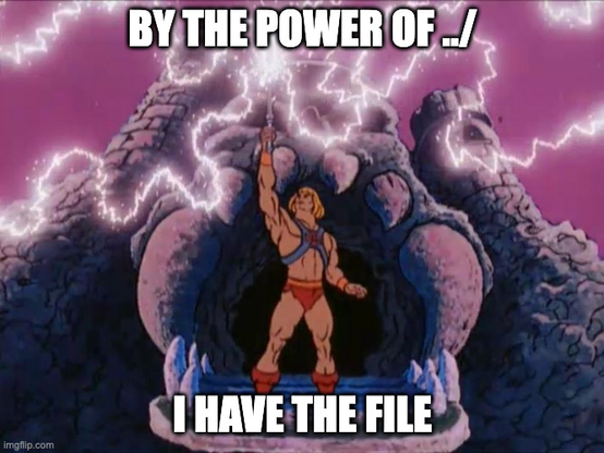 Classic Hanna-Barbera He-man says "By the power of ../, I have the file" while raising his sword to the sky with lightning coming down.