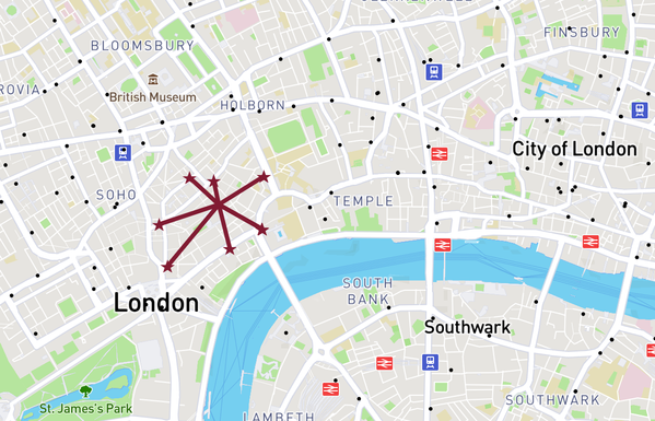 A map of London with a spider-ish thing on it, one leg on each location of a Pret. Each foot has a Pret logo star on it.