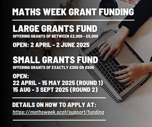 Graphic with a background image showing a hand positioned on a laptop keyboard. The image is overlayed with the following text:
Maths Week Grant Funding
Large Grants Fund
offering grants of between £2,000 - £5,000
open: 2 April - 2 June 2025
SMALL GRANTS FUND
offering Grants of exactly £250 or £500
Open: 
22 April - 15 May 2025 (Round 1)
15 Aug - 3 Sept 2025 (Round 2)
DETAILS ON HOW TO APPLY AT:
https://mathsweek.scot/support/funding