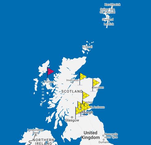 A map of Scotland, with flags pinpointing the schools and groups that have registered so far to take park in Maths Week Scotland.