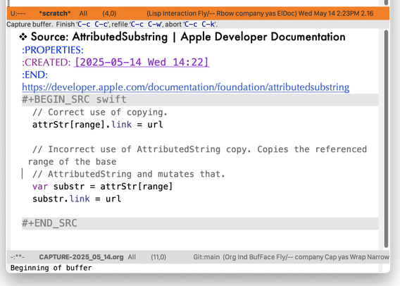 Screenshot of Org Capture window using Org Protocol to clip source code from a web page.
