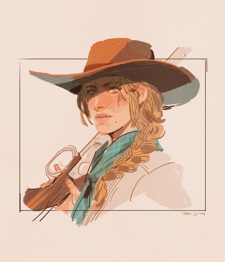 Sadie Adler from Red Dead Redemption 2 in warm tones, cowboy hat casting shadows over her eyes, holding a rifle over her shoulder.