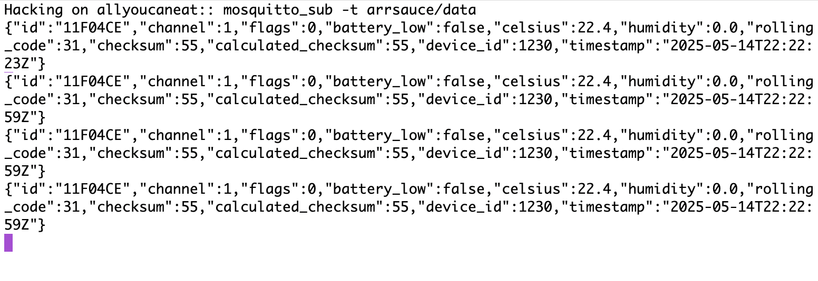 I subscribed to the topic on my MQTT broker and I can see the sensor data getting published as it's received by the esp32.