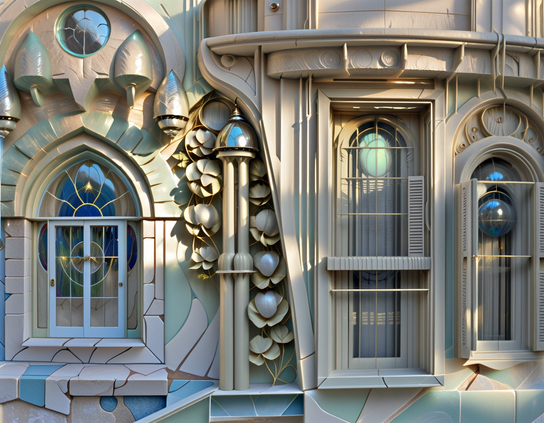 A futuristic building exterior showing three apartment windows, with organic and geometric embellishments, combining soft pastel tones and metallic accents with glowing sci-fi technological elements.