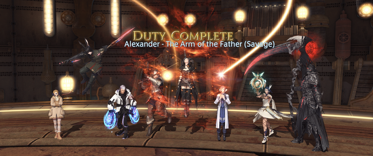 Image of 8 characters sharing victory poses with the text "Duty Complete Alexander - The Arm of the Father (Savage)" in the top center of the screen