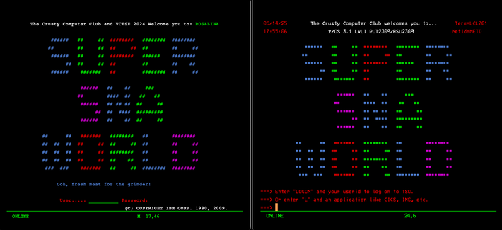 Custom OS/400 and z/OS sign on screens for "Super SNA World" in the color/style of the "Super Mario World" logo