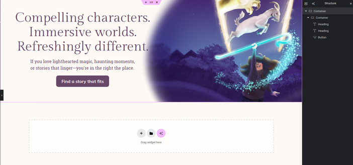 Preview of the new Pixelvania Publishing homepage hero header, featuring the cover of THE CAPRAMANCER NEXT DOOR. Text reads: Compelling characters. Immersive worlds. Refreshingly Different. If you love lighthearted magic, haunting moments, or stories that linger—you're in the right place. CTA button in purple says "Find a story that fits". Some Elementor web editing tools can be seen.