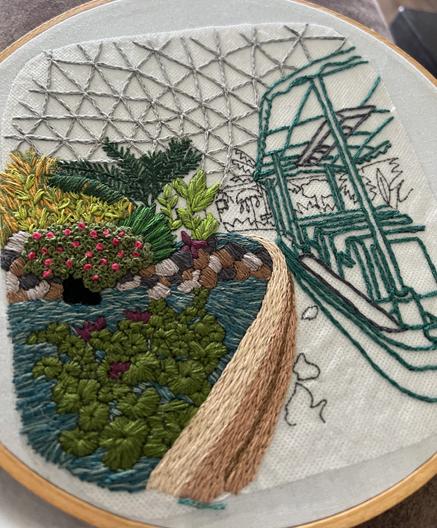 Embroidery pattern in progress of Living with the Land ride at Epcot, Walt Disney World.