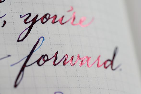"you're" "forward" in blue-magenta ink