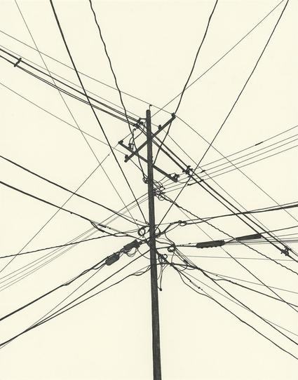Black ink drawing, silhouette of a utility pole and power lines
