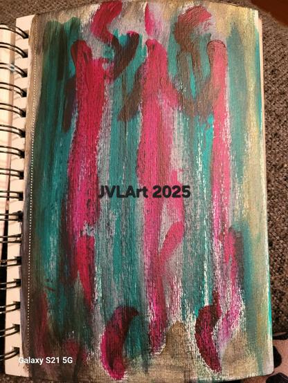 Three deep rose figures dance against a shimmery background of green and bronze