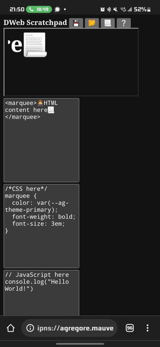 Screenshot of an android phone of three textareas with html/css/javascript and a preview of the compiled page