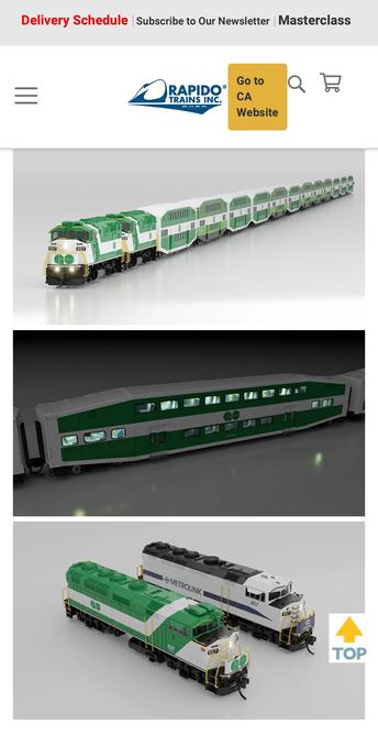 Three images of model trains are displayed, featuring a GO Transit locomotive and passenger cars. The first image shows a long train with several green and white passenger cars. The second image focuses on a detailed passenger car with illuminated windows. The third image features two locomotives.