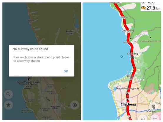 A screenshot of two apps: OrganicMaps and OsmAnd, while trying to determine the available public transport options.