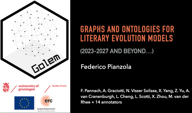 Introductory slide of a presentation by Federico Pianzola titled "Graph and Ontologies for Literary Evolution Models", a project funded by the European Union.
