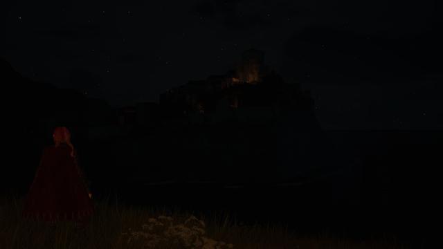 A screenshot from Dragons Dogma 2. My pawn Astella is looking at the city of Vernworth from a distance, at night.
