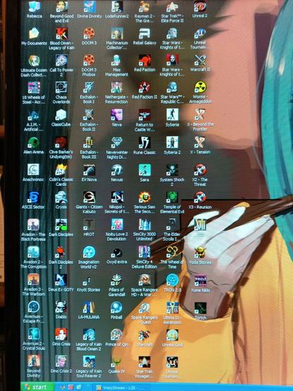 A close-up photo of a Windows XP desktop showing several vertical rows of game icons.