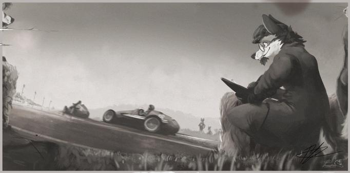 A old-photo-style pic of Raf sitting trackside behind some haybales, with two cars driving past at high speed. Raf is drawing on paper.