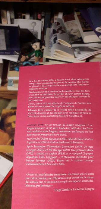 4ème de couverture du livre d'Eduardo Berti, "Faster". Éditions de La Contre Allée.