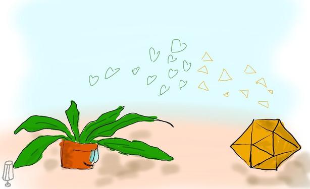 Zeichnung, digital: Ein Blumentopf mit Brille und einer Pflanze mit ausladenden festen Blättern. Ein Ikosaeder.
Die Blume schickt Herzchen in die Richtung des Körpers, während dieser Dreiecke in Richtung der Pflanze schickt.
