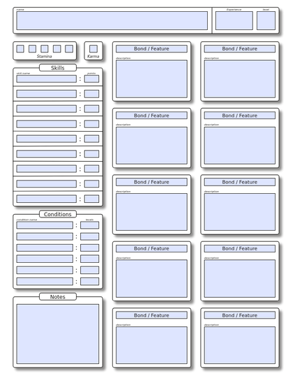A PDF with forms, featuring text boxes for various RPG related things. Notably, what has changed from the last version is that there are drop shadows and fancier labels now.