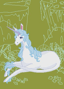 A pixel art piece depicting The Last Unicorn lying on an unfinished bed of moss in what will eventually be The Lilac Wood.