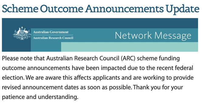 Back text on white background with a blue header block. Screenshot of the ARC Network Messages webpage with an "update" about delays to funding announcements due to the federal election.