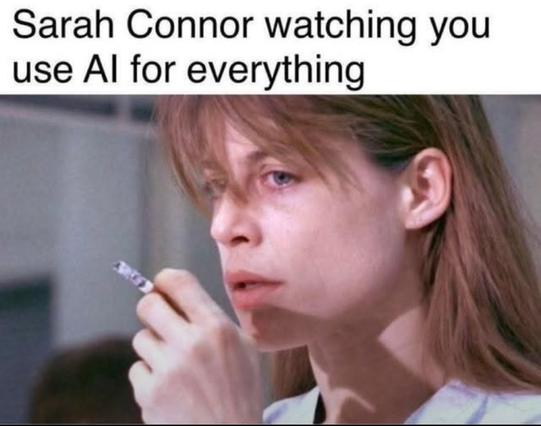 A still from Terminator, with Linda Hamilton smoking a cigarette butt, giving the camera the side eye.
Caption: "Sarah Connor watching you use AI for everything"